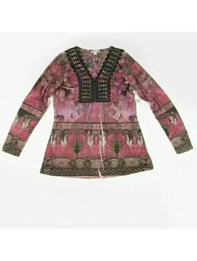 World Unity Boho Pink Tunic Top Medium NWT Black Crochet V-Neck Long Sleeves NEW